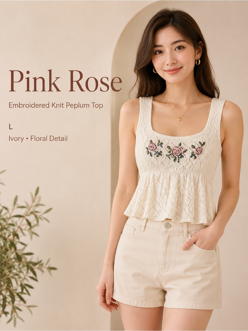 Pink Rose Ivory Embroidered Floral Crochet Knit Peplum Top Size L